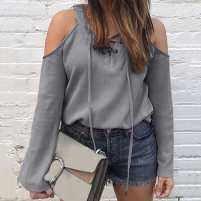 

2019 Autumn Women Sexy Off shoulder V-neck Long sleeve Candy colors lacing T-shirt