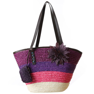 

Knitted Straw bag Summer flower Bohemian fashion womens handbags color stripes shoulder bags beach bag big tote bags
