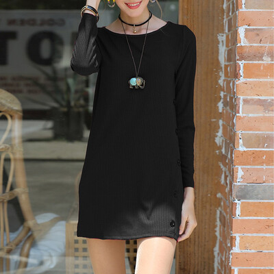 

Tailored Women Autumn Solid Color Long Sleeve O Neck Button Knit Dress Casual Mini Dress