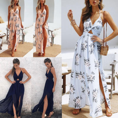 

Women BOHO Floral Print Beach Dress Lady Evening Party Sleeveless Maxi Dress