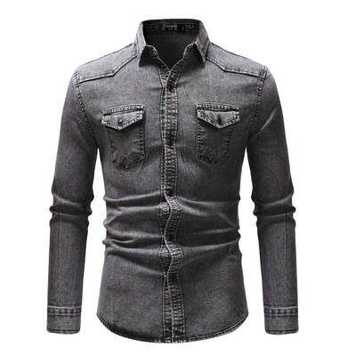 

Mens Long Sleeve Casual Jean Shirts Tops Button Down Slim Fit Denim T-shirts