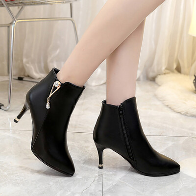 

Rose New Fashion Women Zipper Soild Pointed Toe Thin Heel Shoes Party Boots
