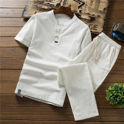 

Toponeto Summer Fashion Mens Cotton And Linen Short Sleeve Shorts Set Suit Tracksuit