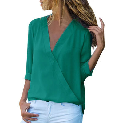 

2019 Hot New European And American Women Pure Color Chiffon V-neck Long-sleeved Shirt Womens Shirt