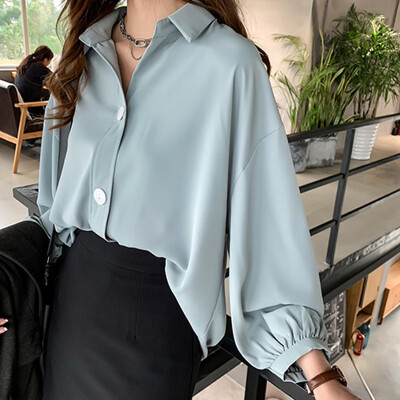 

Chiffon Turn Down Collar Blouse Women Solid Long Sleeve Loose Blouse OL Fashion blusas mujer de moda Korean Style plus size