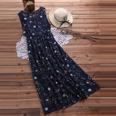 

Womens Boho Sleeveless Floral Printed Long Vest Dress