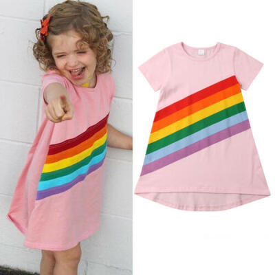 

US Fashion Toddler Baby Girls Summer Pageant Pink Rainbow Cotton Dress One-Piece
