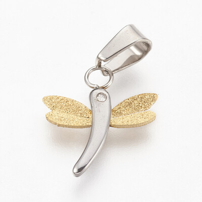 

304 Stainless Steel Textured Pendants with Rhinestone Dragonfly Golden & Stainless Steel Color 17x155x2mm Hole 4x6mm