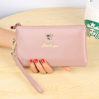 

2019 new leather cat long wallet female Europe&the United States new ultra-thin lychee grain leather zipper hand wallet