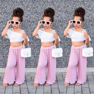 

Kids Baby Girls Lace Stripes Off Shoulder Crop Top Pants Outfits Clothes Summer