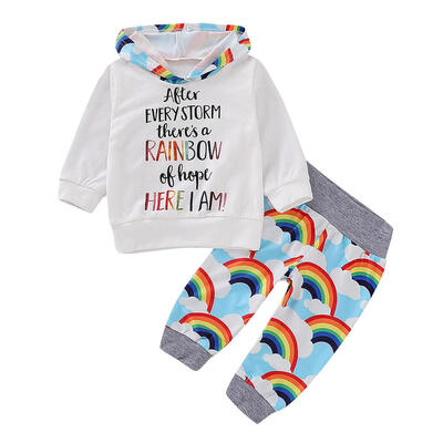 

2pcs Kids Rainbow Print Long Sleeve Hooded Sweatshirt Trousers Pants Set