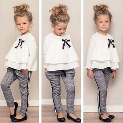

Toddler Baby Kids Girls Outfits Ruffle T Shirt TopsChecked Pants Clothes Set