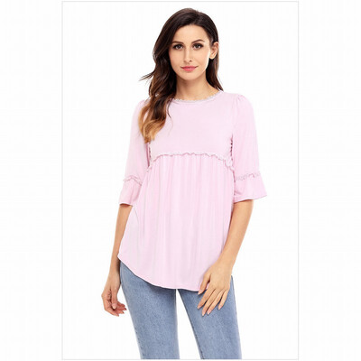 

Solid color round neck seven-sleeve back zip comfort shirt casual slim shirt