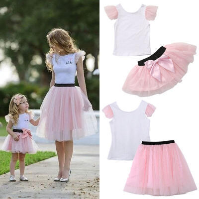 

Mother&Daughter Casual Summer T-shirt Skirt Tulle Dress Matching Outfits Set