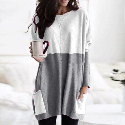 

Ladies Round Neck Long Sleeve Loose Jumper Tops Pockets Color Block Party Shirts