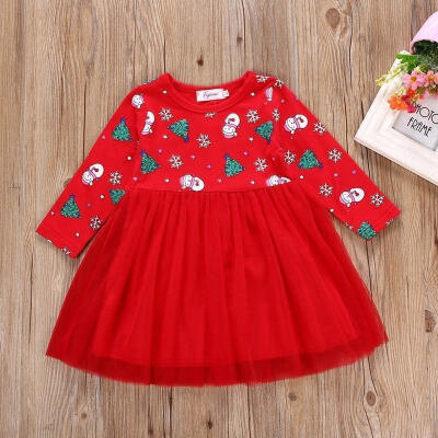 

Christmas Dress Long Sleeve Red Tulle Party Dress for Children Girls 1-6 Yrs