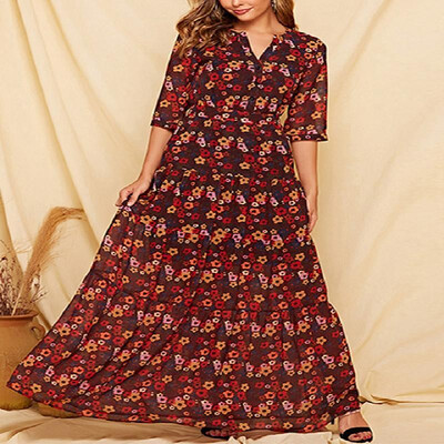 

Boho Floral Printed V-neck Half Sleeves Wrap Maxi Dress