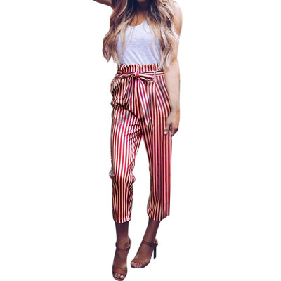 

Tailored Women High Waist Harem Pants Women Bowtie Elastic Waist Stripe Casual Pants