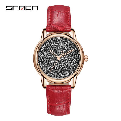 

SANDA P221 Simple Women Watch Leather Diamond Quartz Movement Watch Waterproof Casual Clock Wristwatch for Female