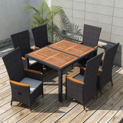 

7 Piece Outdoor Dining Set Poly Rattan Acacia Wood Black