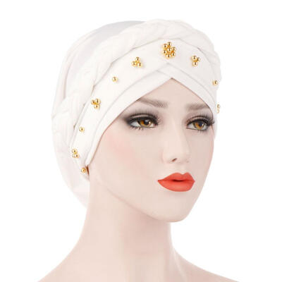 

Solid Color Braid Beads Decor Women Muslim Hijab Turban Head Scarf Cap Hat