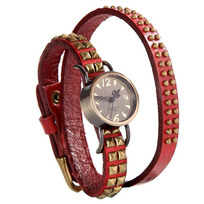 

Women Lady Quartz Wrist Watch Rivet Round Wrap Strap Bracelet Genuine Cow Leather