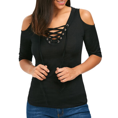 

Lace Up V Neck Cold Shoulder Tee
