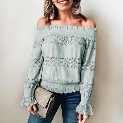 

Women Blouse Crochet Lace Splicing Off Shoulder Ruched Flare Sleeve Fuffle Hollow Out Elegant Party Wear
