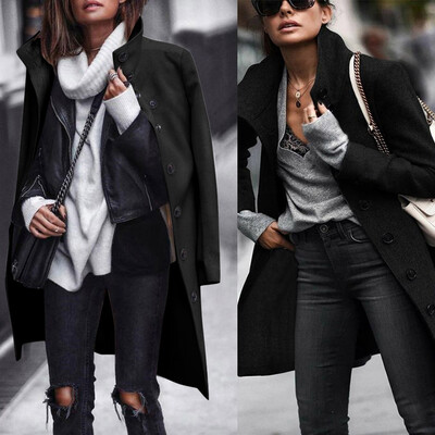 

Tailored Women Winter Street Solid Turn Down Collar Full Sleeve Button Woollen Coat