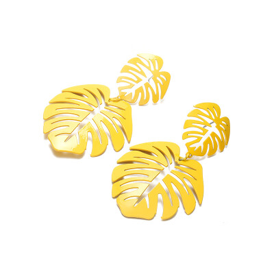 

ez55 Exaggerated Bohemia Colorful Metal Hollow Double Leaves Coconut Palm Leaf Big Beach Earrings For Women Girl Large Earrings