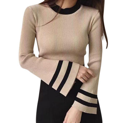 

O-Neck Bump Color Flare Full Sleeve Knit T-Shirt Women Casual Cotton Tops