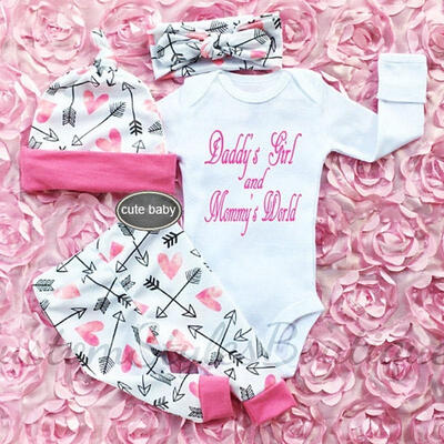 

0-18M Lovely Newborn Baby Daddy&39s Girl&Mommy&39s World RomperArrow And Love Heart Printed Long Pants 4PCs Outfits