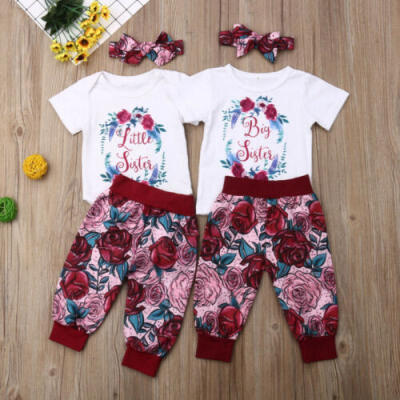 

3PCS Big Little Sisters Baby Kids Girl T-shirtRomperFloral Pants Outfits Set