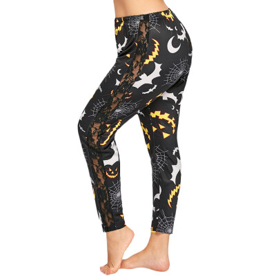 

Plus Size Lace Panel Halloween Pumpkin Printed Leggings