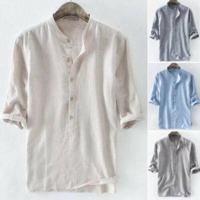

US Mens Summer O-Neck Striped 34 Sleeve Button Shirt Loose Casual T-Shirts Top