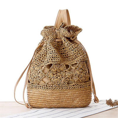 

Women Backpack Summer Drawstring Lace Crochet Straw Beach Bags Hollow Out Flower Handmade Knitted Backpack