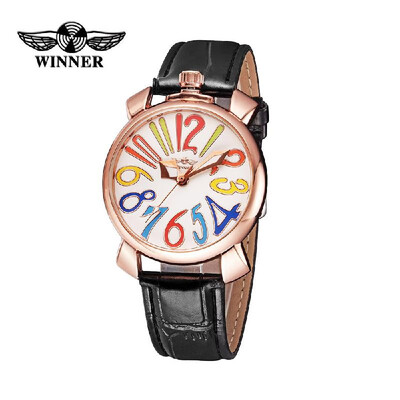

WINNER Fashion Women Automatic Mechanical Watch Self-winding Eye-catching Skeleton Hollowed-out Wristwatch with Colorful Hour Mark