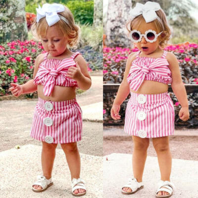 

USA Kid Toddler Baby Girl Stripes Crop Top Vest Skirt Dress Outfit Party Clothes