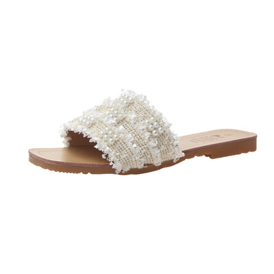 

Summer Korean pearl sandals with one-character sandals for outdoor wear holiday fashion pearl-string flat-heeled slippers