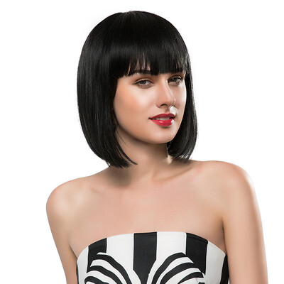 

13" Straight Black Synthetic Wigs With Bangs For Women Short Hair Bob Wig Heat Resistant Bobo Hairstyle Cosplay Wigs