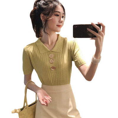 

Womens Korean Style Turn-down Collar Solid Short Sleeve Buttons Knitted Polo Shirt