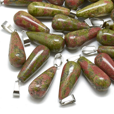 

Natural Unakite Pendants with Stainless Steel Snap On Bails Drop 2830x1012mm Hole 6x4mm