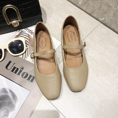 

Chic temperament one word buckle shoes woman summer soft fairy shoes shallow mouth square head low heel shoes