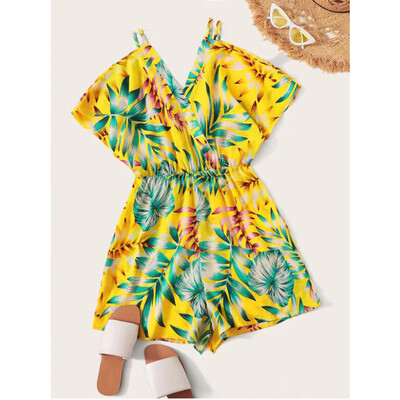

Starmoon Women V-neck Off Shoulder Leaves Print Backless Beach Jumpsuit