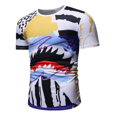 

Toponeto Mens Striped Splicing Pattern Casual Fashion Lapel Short Sleeve Shirt