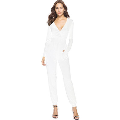 

Women Jumpsuit Pure Color Plung V Neck Long Sleeve High Waist Side Pocket Sexy Street Wear