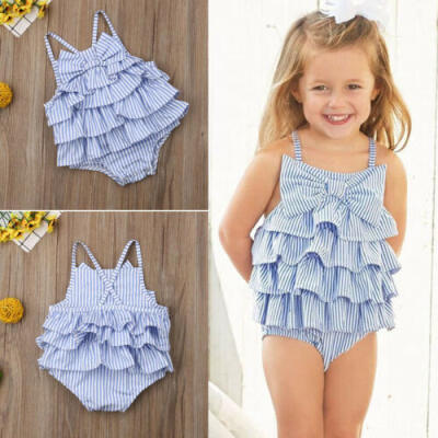 

Newbron Infants Baby Gilrs Ruffle Strap Romper Summer Stripe Bowknot Outfits