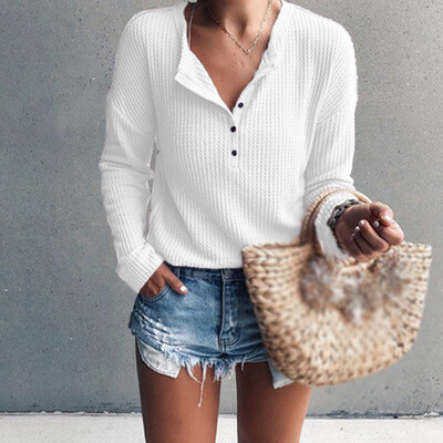 

Fashion Womens V-neck Long Sleeve Blouse Knitwear Casual Button Pullover Tops