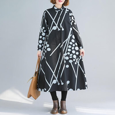 

Women Vintage Plus Size Long Shirt Geometry Print Turn-down Collar Long Sleeve Button Loose Outwear BlackRed
