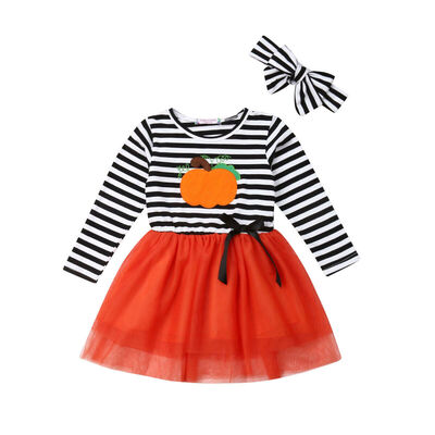 

2PCS Kids Girls Pumpkin Strip Long Sleeve Top DressHeadband Party Tutu Dress